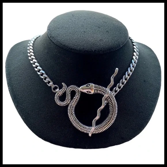 Snake goth silver choke necklace with stainless steel Cuban chain link - Picture 1 of 6